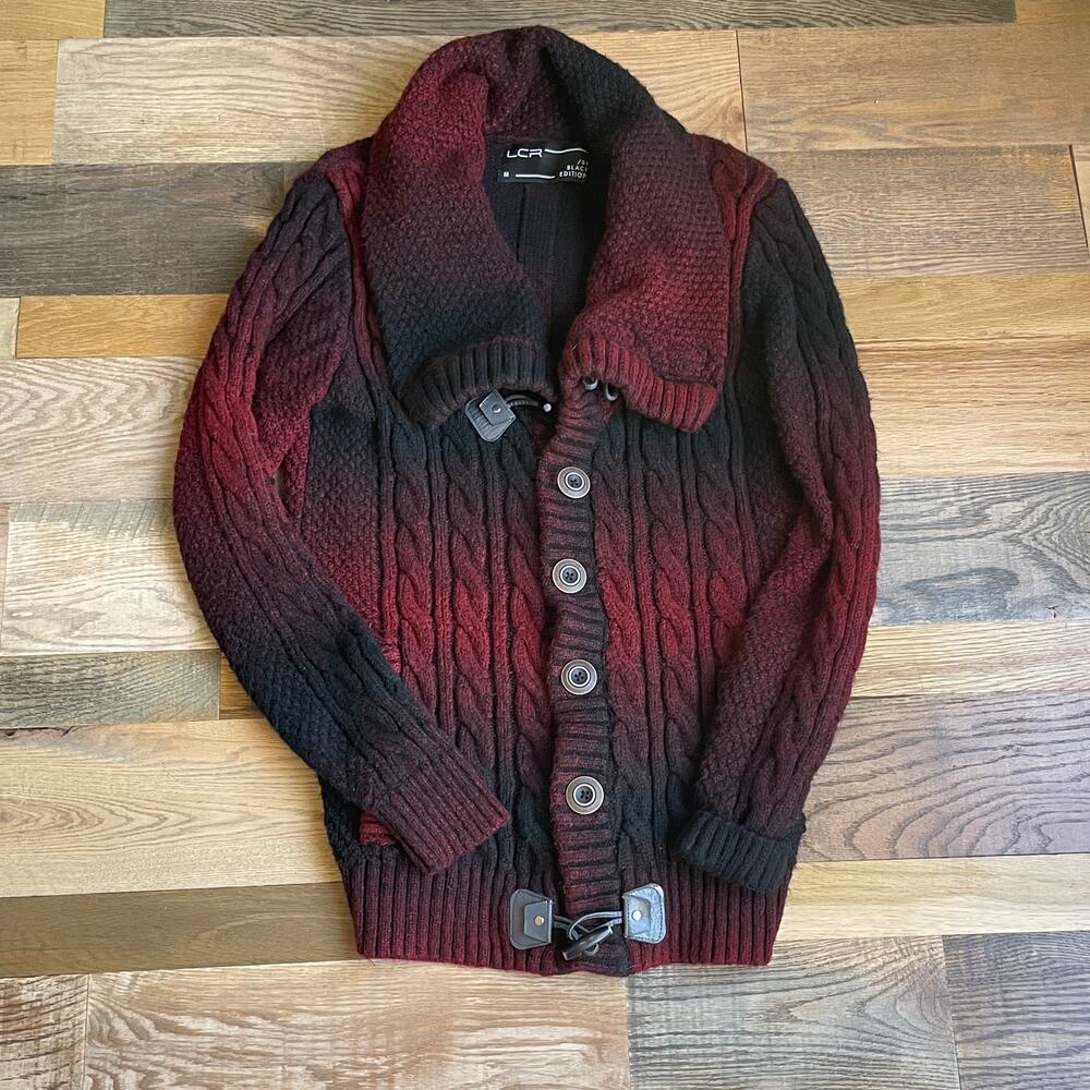 LCR Black Edition Men's M Wool Blend Cable Knit Hooded Cardigan Burgundy